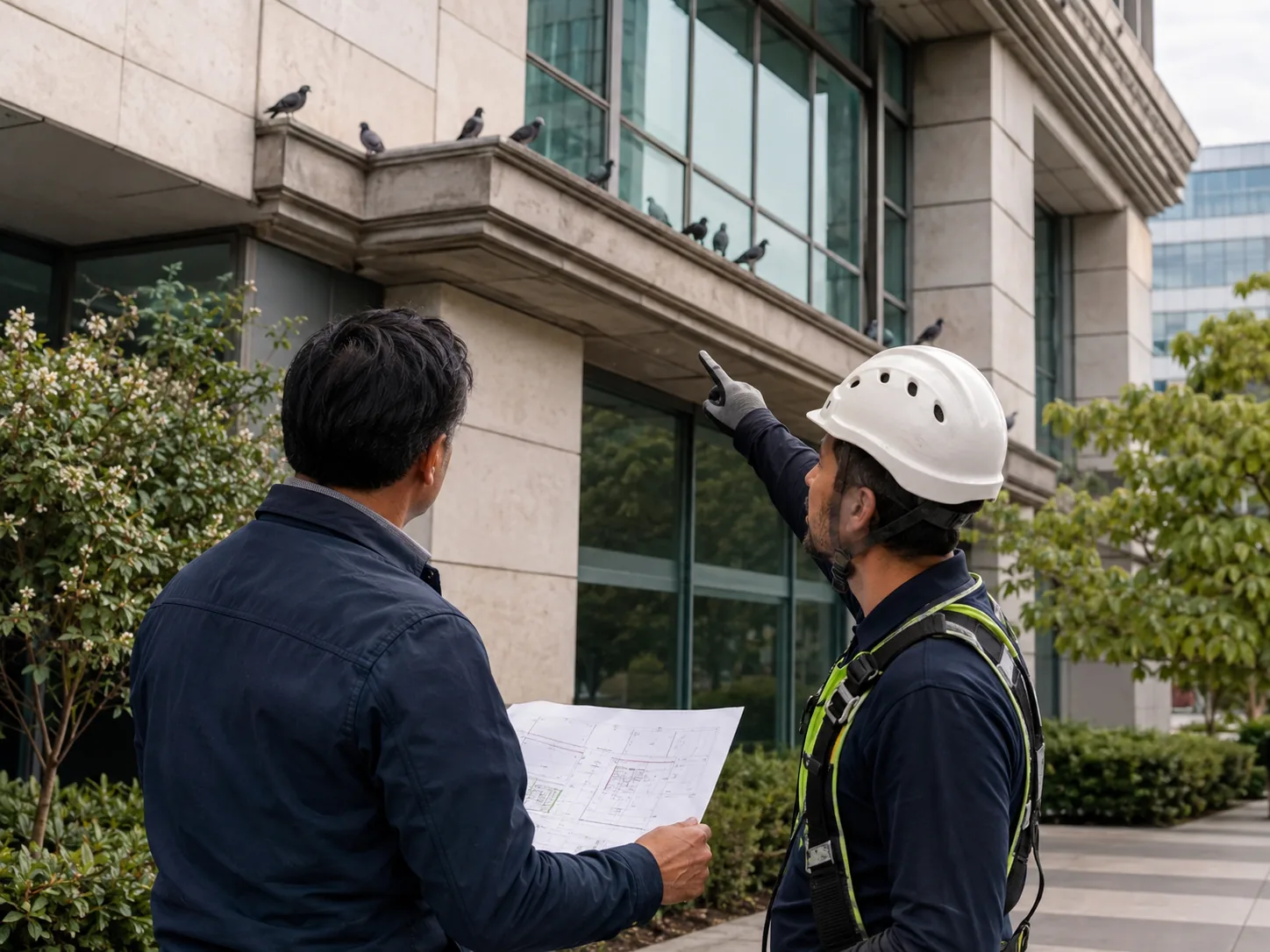 Técnico evaluando una propiedad para controlar palomas