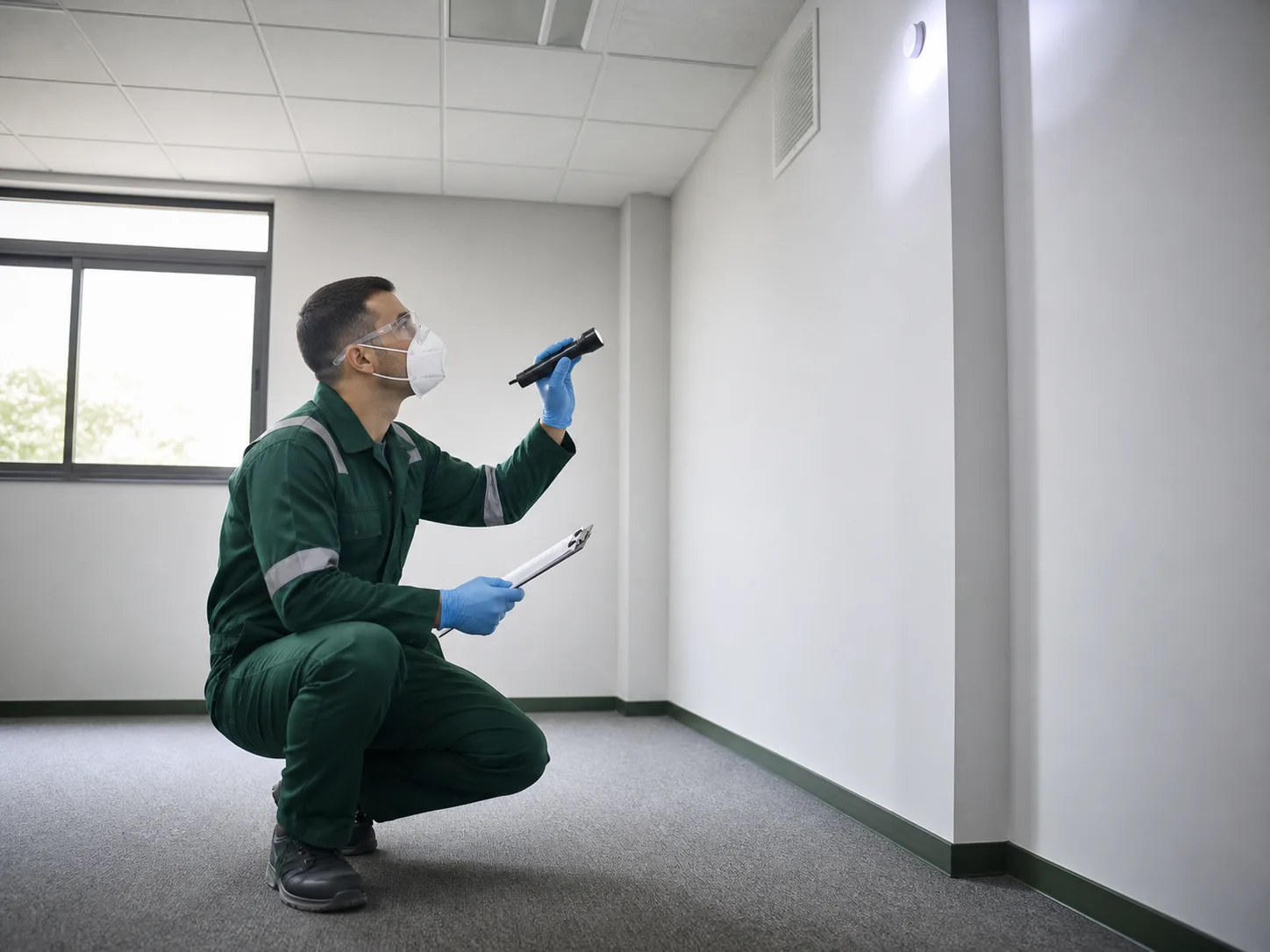 Técnico evaluando un espacio antes de realizar una fumigación