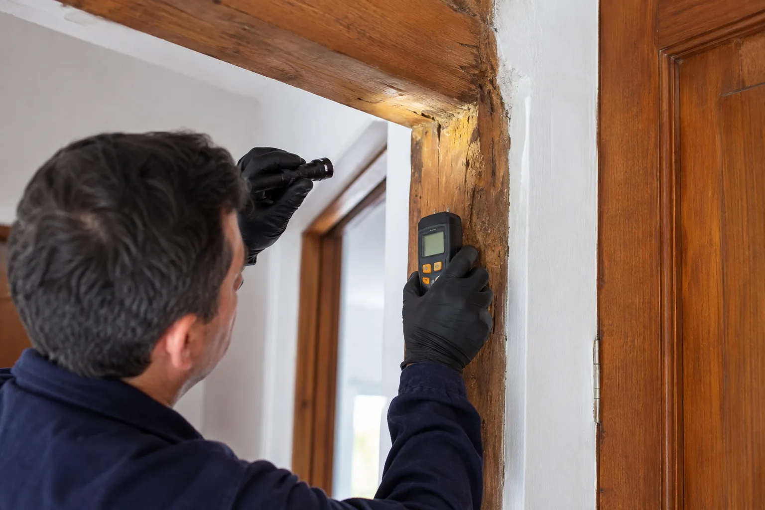 Técnico inspeccionando madera para detectar termitas