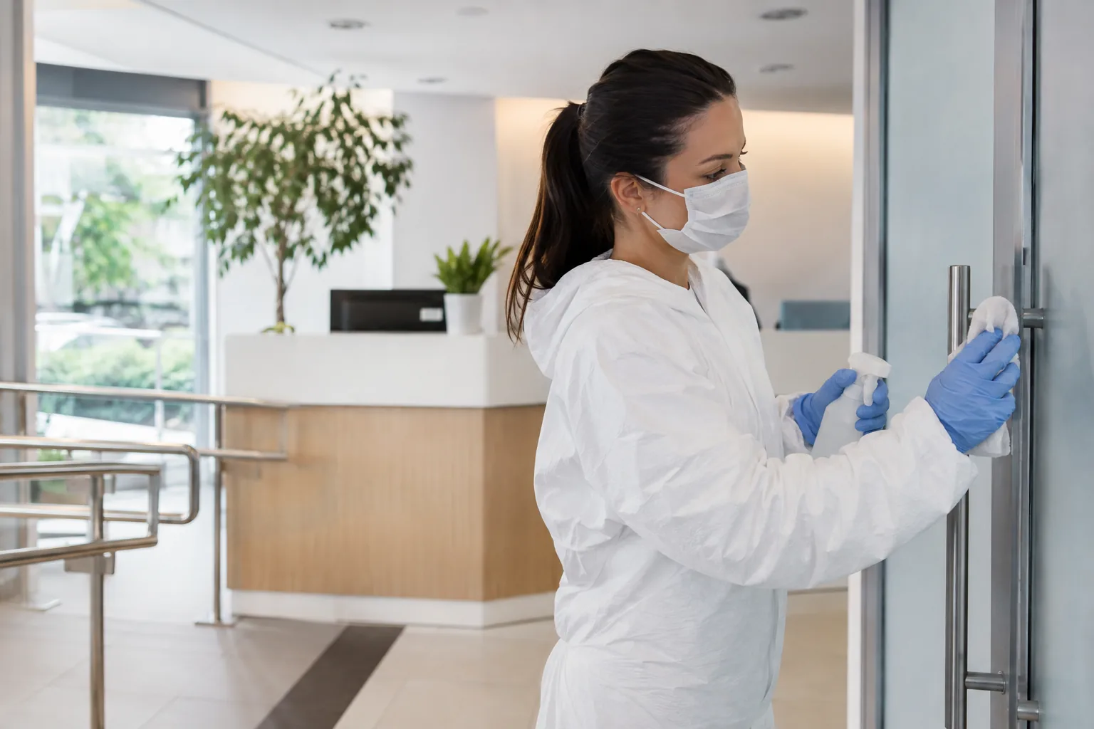 Técnica sanitizando una superficie de alto contacto