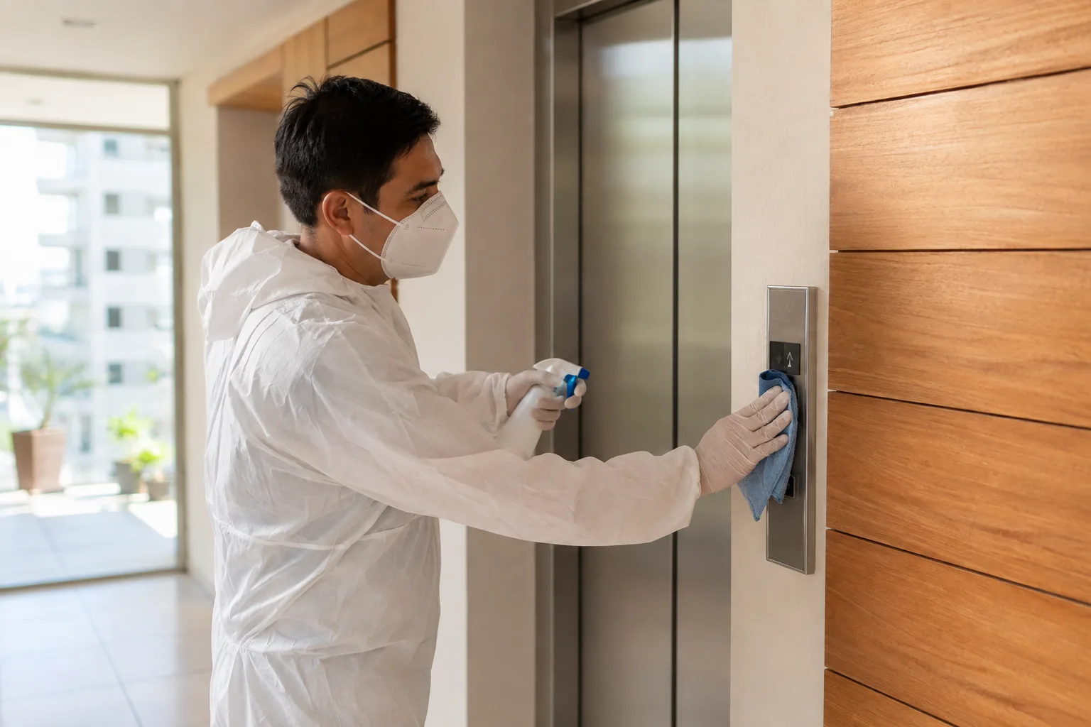 Técnico sanitizando superficies de contacto