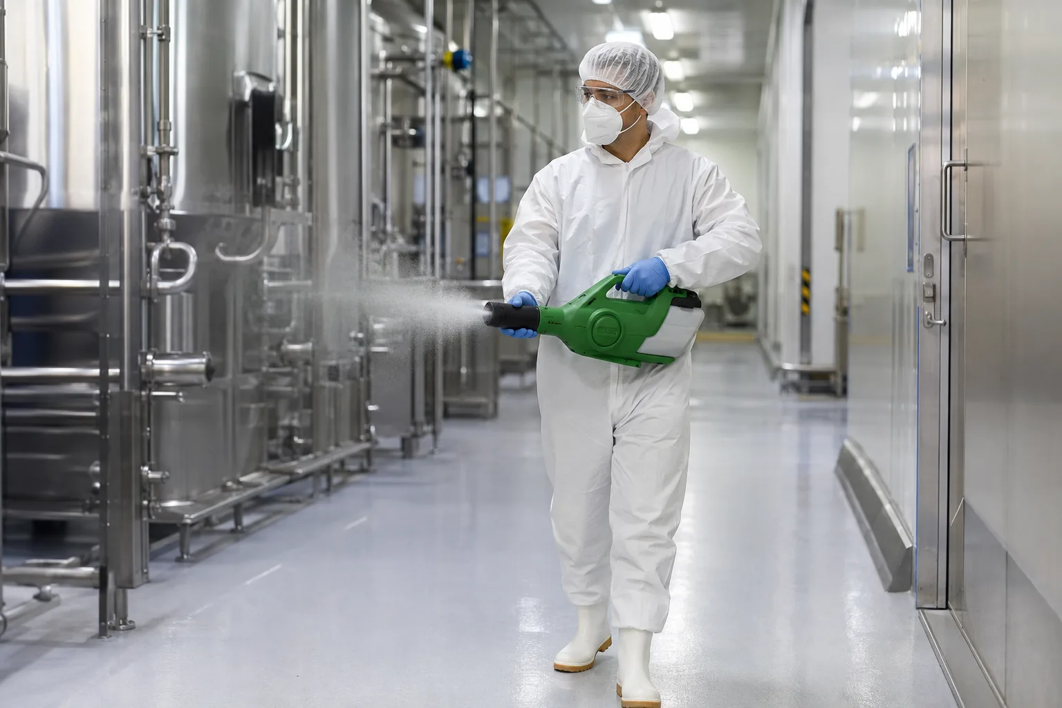 Técnico realizando una sanitización controlada en una instalación