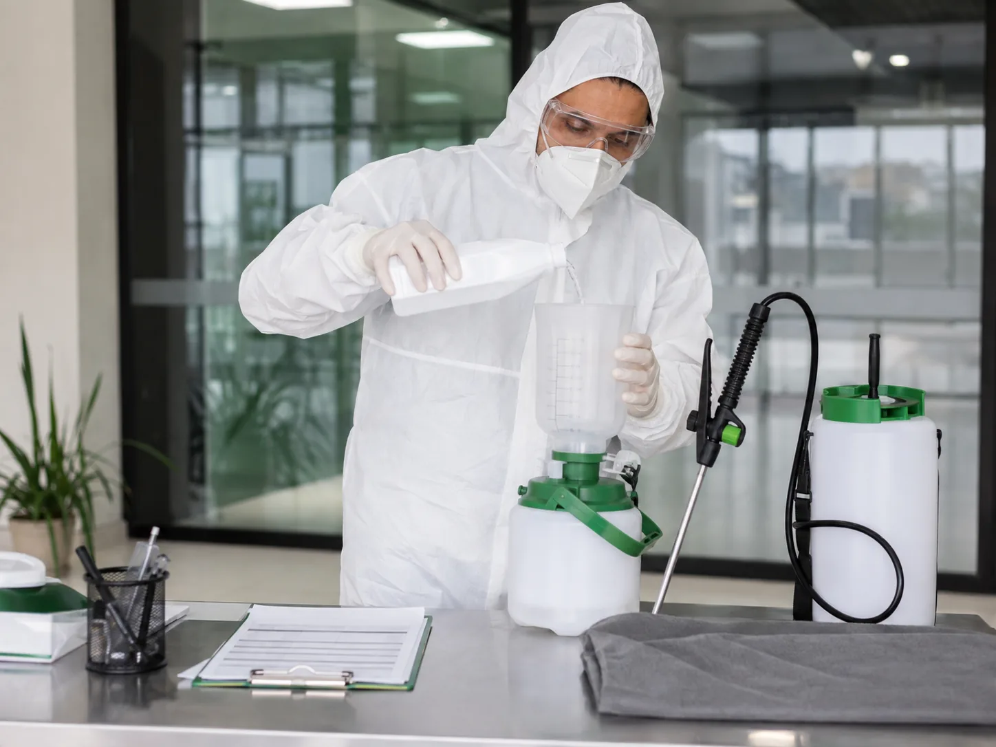 Técnica preparando la dosificación para un procedimiento de sanitización controlado